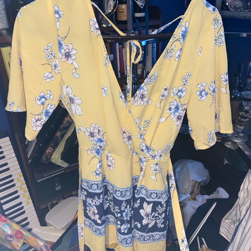 Trixxi Yellow Blue Floral Sundress with Flutter Sleeves